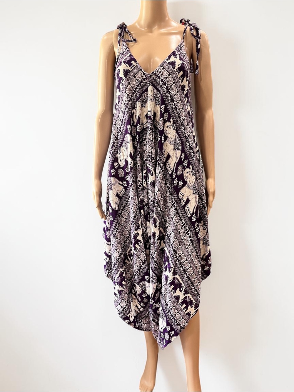 Boho Elephant Print Harem Jumpsuit – Convertible Drop Crotch Romper